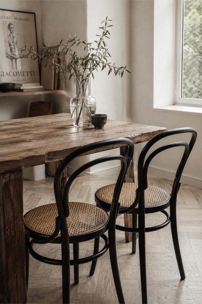 Dwa krzesła Thonet z plecionką wiedeńską przy drewnianym stole