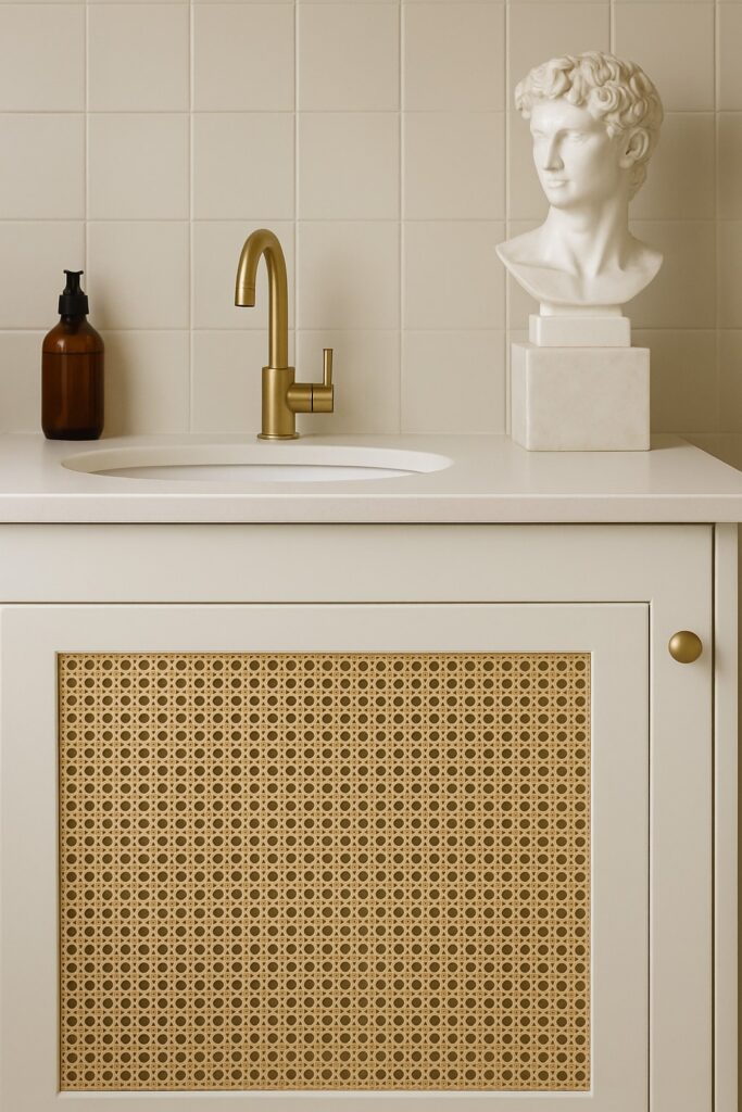 Szafka łazienkowa z białą umywalką i szafką z plecionką ze splotem wiedeńskim