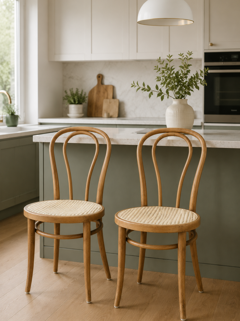 Krzesła Thonet nr 18 stoją w nowoczesnej kuchni