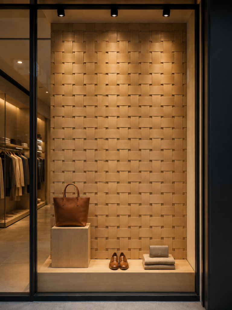 Minimalistyczna witryna sklepu premium z dekoracyjną ścianą o strukturze plecionki z naturalnego drewna oraz elegancko wyeksponowaną skórzaną torbą, obuwiem i dodatkami.