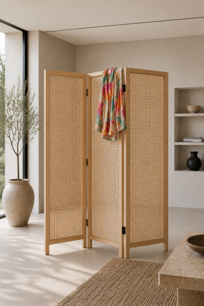 Nowoczesny drewniany parawan z naturalną plecionką wiedeńską we współczesnym minimalistycznym wnętrzu, z przewieszoną kolorową tkaniną i dekoracjami w stylu naturalnym.