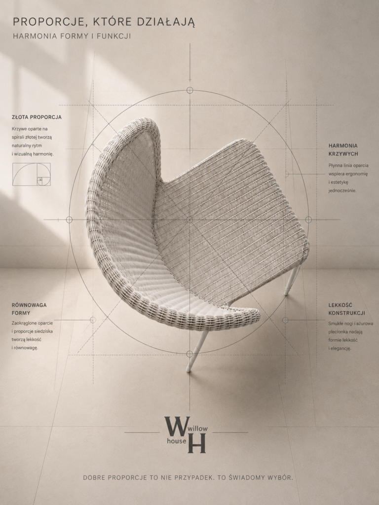 Fotel wyplatany z nałożonym rysunkiem konstrukcyjnym przedstawiającym osie, okręgi i proporcje geometryczne na jasnym, minimalistycznym tle.
