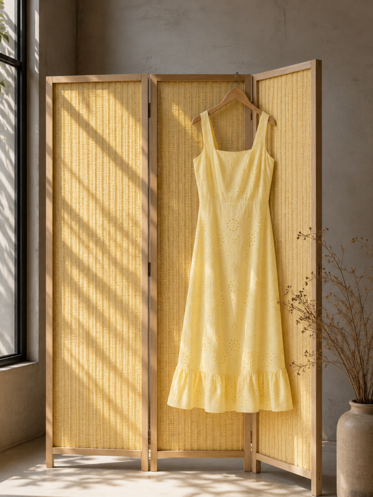 Sukienka Butter Yellow zawieszona na parawanie z papierowej maty Loom 74 w nowoczesnym butiku