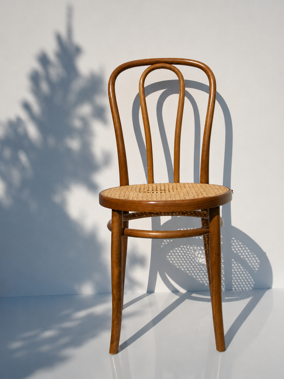 Oryginalne krzesło Thonet nr 18 po renowacji w pracowni GABA 2, rzucające cień plecionki rattanowej na jasną ścianę