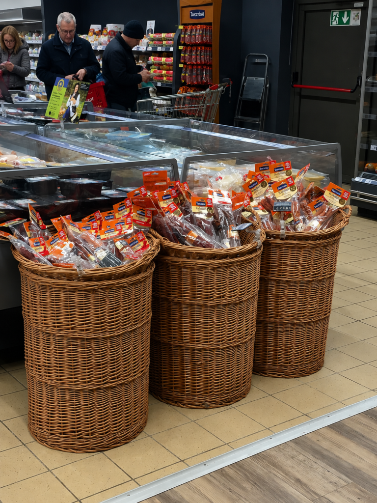 Wysokie wiklinowe kosze ekspozycyjne z produktami premium w nowoczesnym sklepie spożywczym jako element visual merchandisingu.