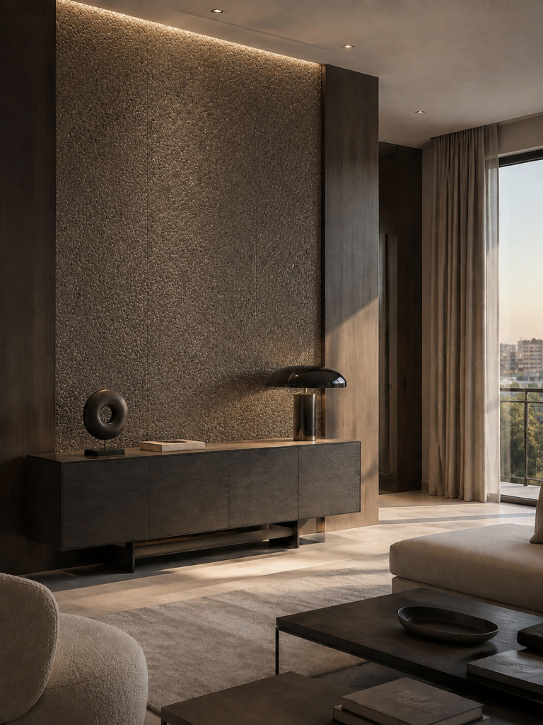 Tapeta z naturalnej miki na ścianie w nowoczesnym apartamencie