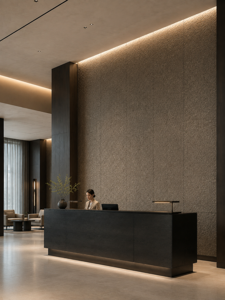 Tapeta z naturalnej miki na ścianie za recepcją nowoczesnego hotelu
